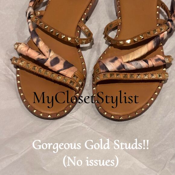 $210 ASH Gold Studded Leather Sandals 39 8.5 9 Silk Scarf Wrapped flat gladiator - Picture 3 of 3